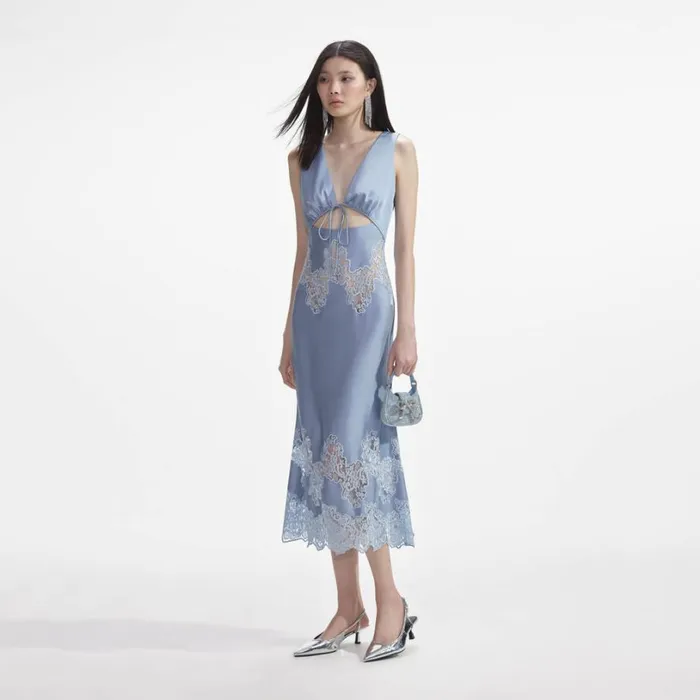 Blue Satin Lace Insert Midi Dress Women Self Portrait Dresses Blue Satin Lace Insert Midi Dress Women Self Portrait Dresses
