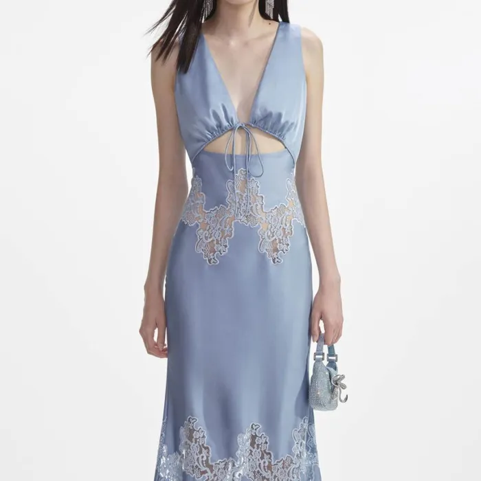 Blue Satin Lace Insert Midi Dress Women Self Portrait Dresses Blue Satin Lace Insert Midi Dress Women Self Portrait Dresses
