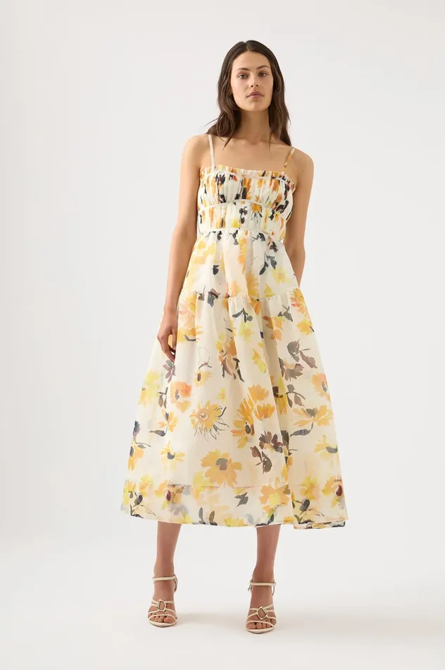 Botanica Cross Back Midi Dress Pressed Sunflowers Women Aje Midi Dresses