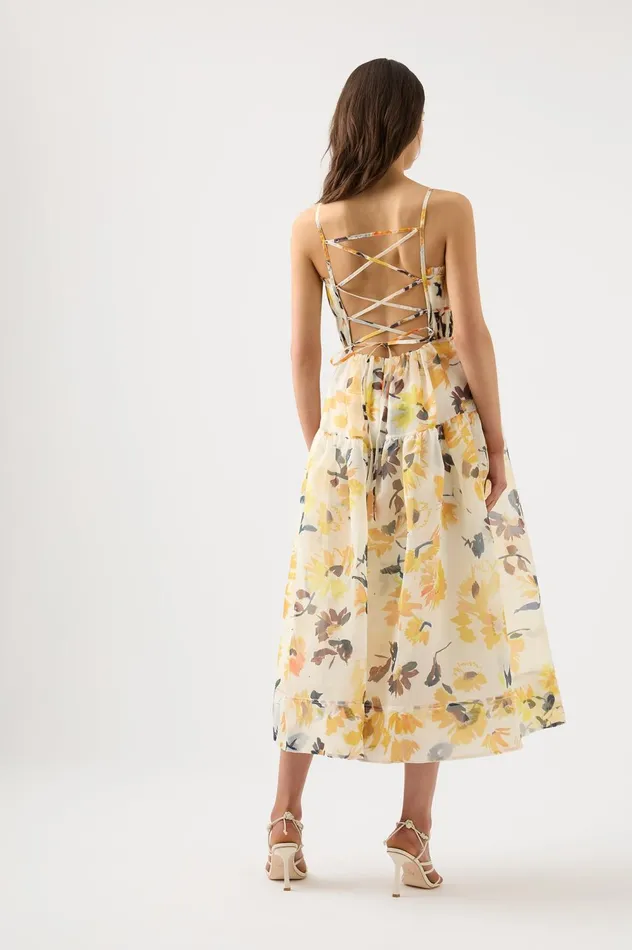 Botanica Cross Back Midi Dress Pressed Sunflowers Women Aje Midi Dresses