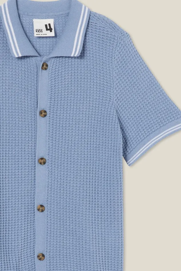 Boys 214 Shirts Cotton On Knitted Short Sleeve Shirt Dusty Bluewaffle Knit