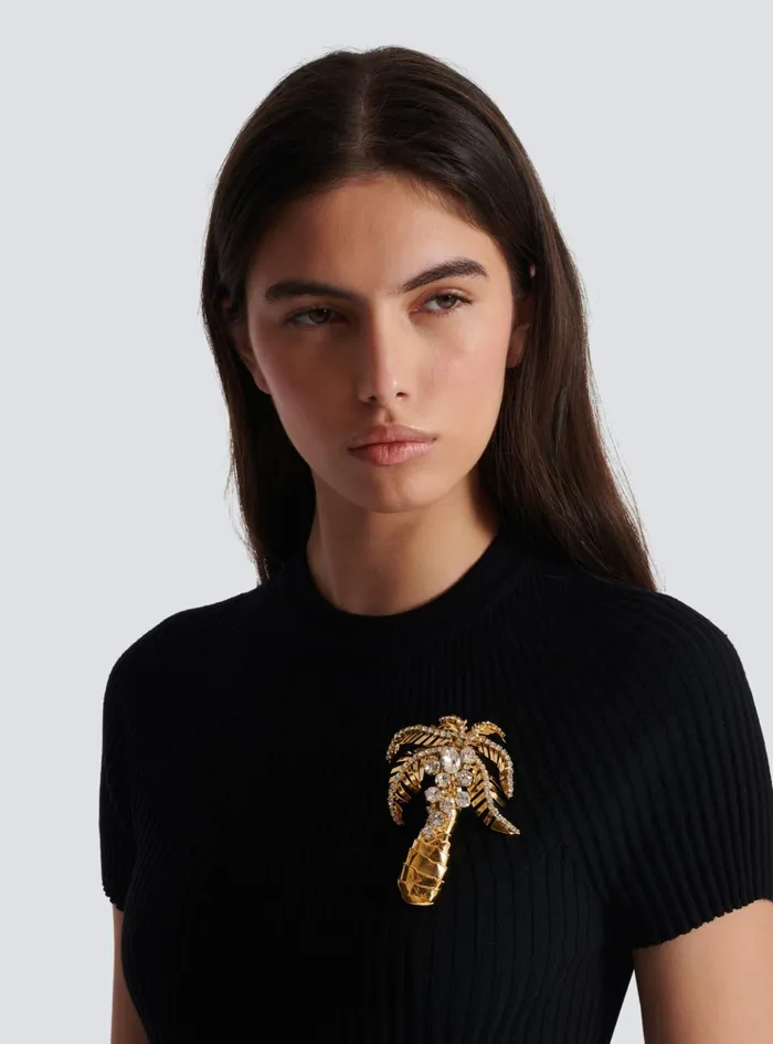 Brass And Crystal Palm Tree Brooch Gold Women Balmain Fashion Jewelry