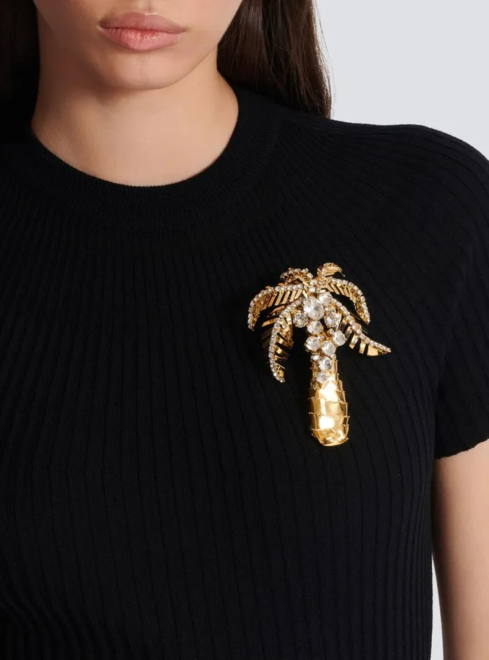 Brass And Crystal Palm Tree Brooch Gold Women Balmain Fashion Jewelry