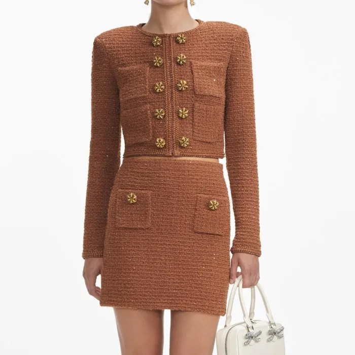 Brown Textured Knit Jacket Women Self Portrait Tops