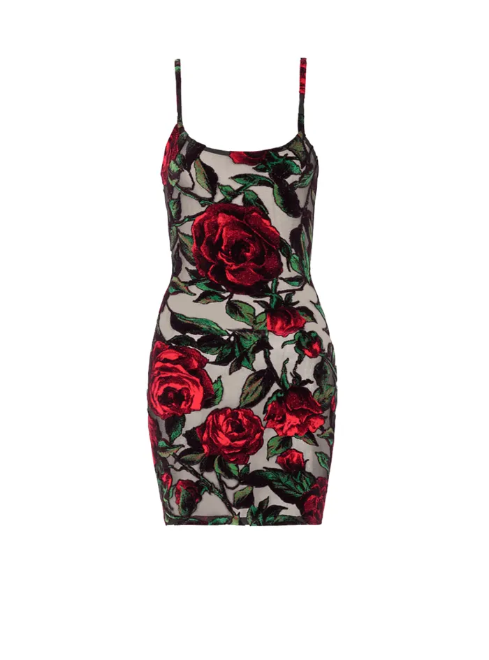 Burnout Velvet Dress With Rose Print Red Women Balmain Dresses