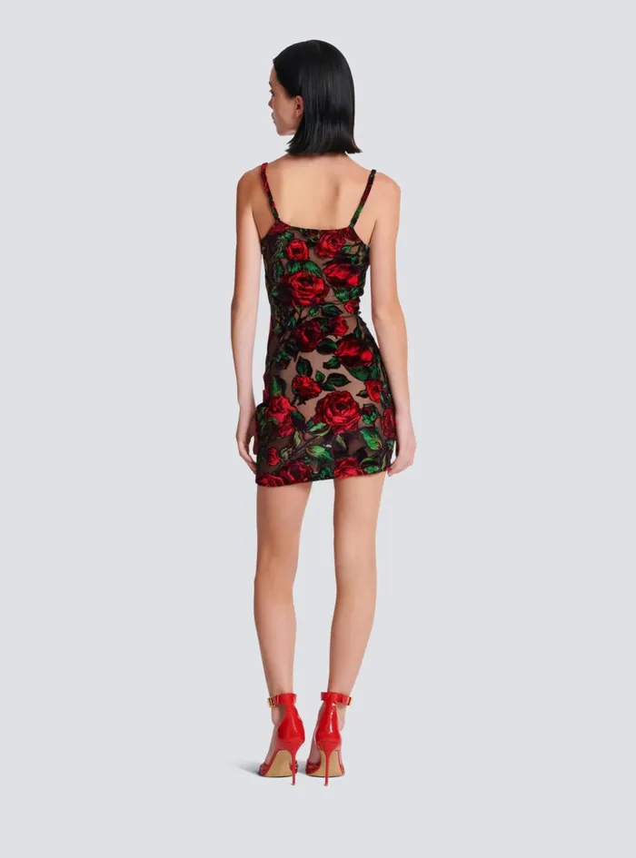 Burnout Velvet Dress With Rose Print Red Women Balmain Dresses