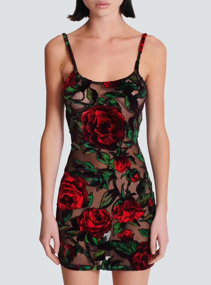 Burnout Velvet Dress With Rose Print Red Women Balmain Dresses