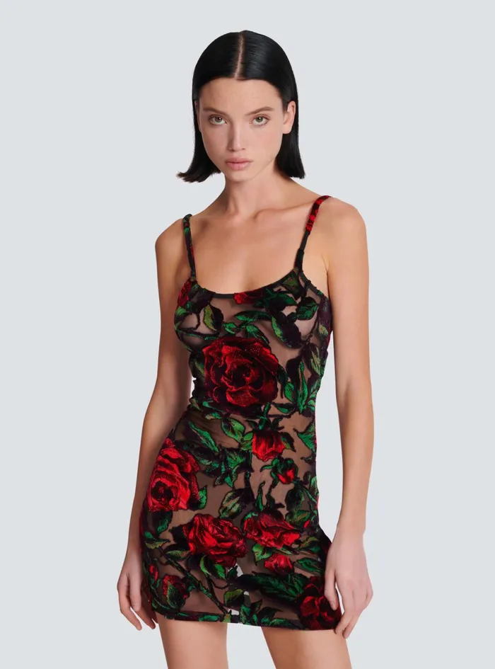 Burnout Velvet Dress With Rose Print Red Women Balmain Dresses
