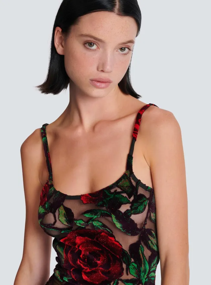 Burnout Velvet Dress With Rose Print Red Women Balmain Dresses