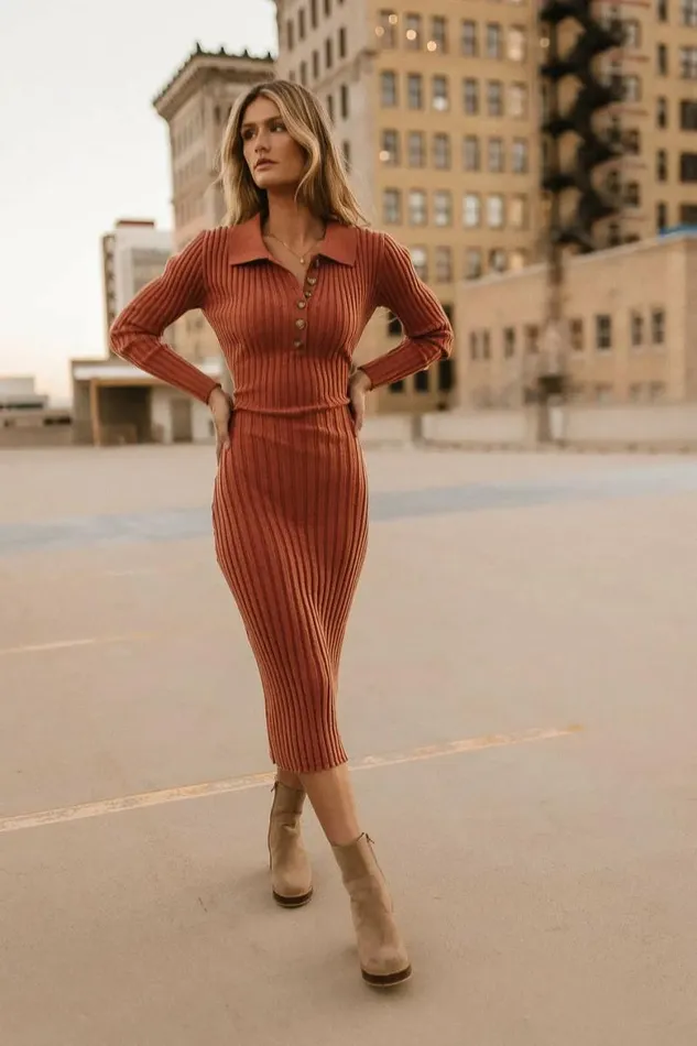 Carden Ribbed Midi Dress In Clay Clay Women Bohme Dresses