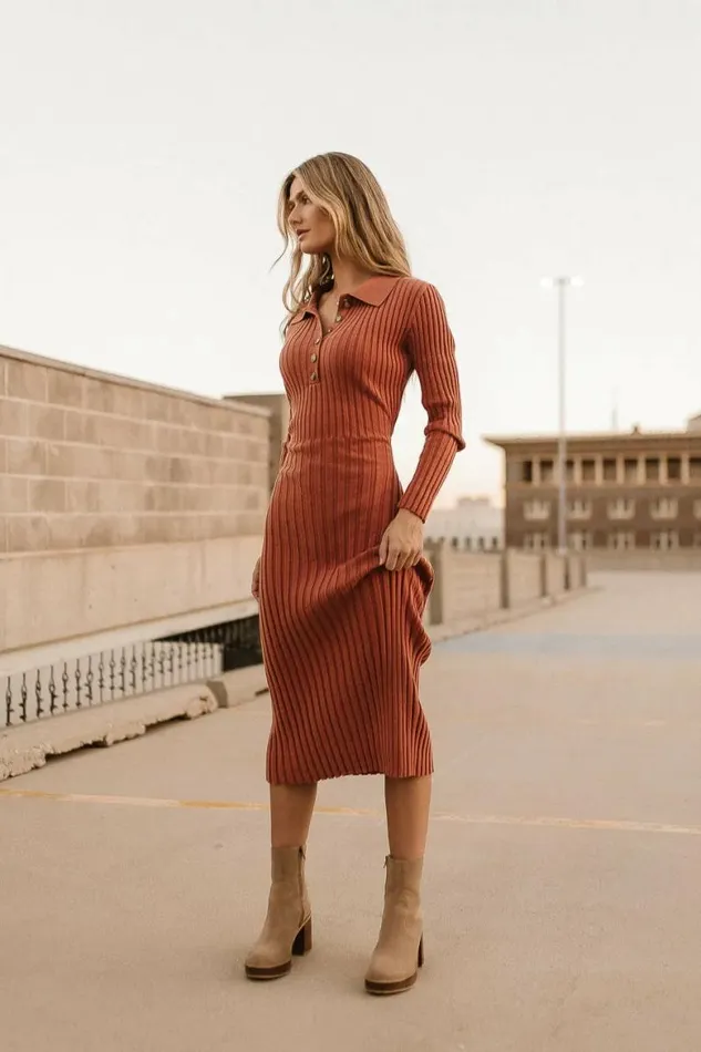 Carden Ribbed Midi Dress In Clay Clay Women Bohme Dresses