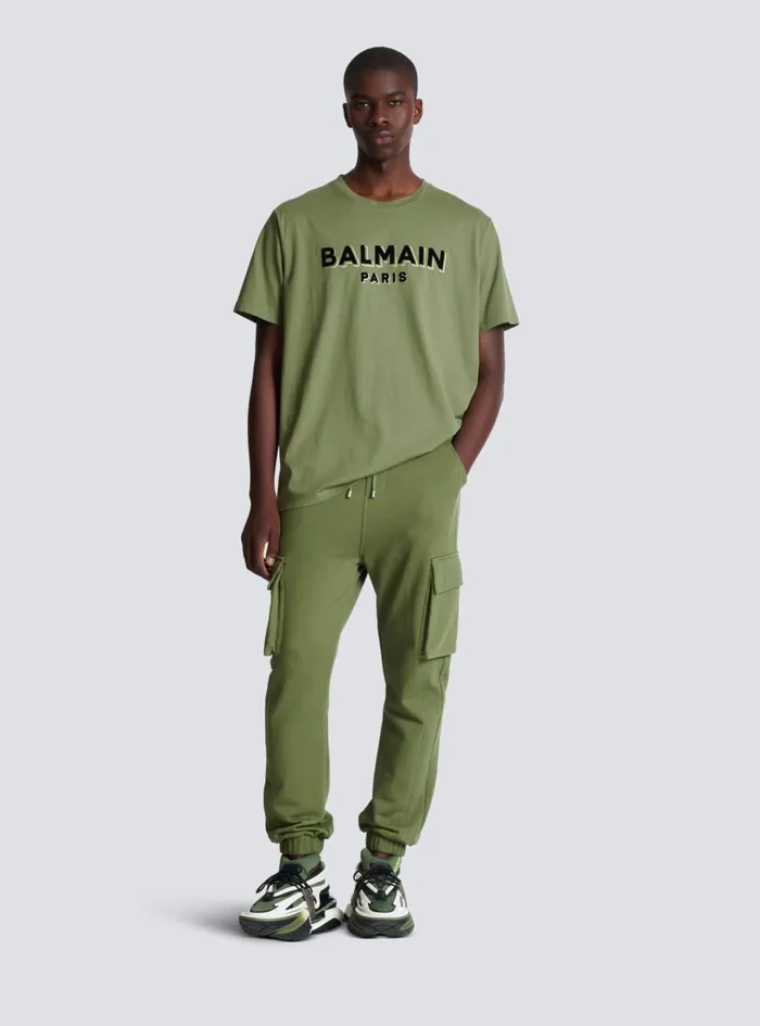 Cargo Joggers With Paris Print Khaki Men Balmain Trousers And Shorts