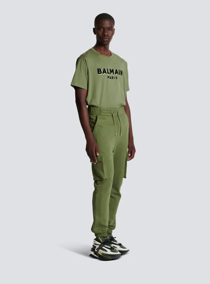 Cargo Joggers With Paris Print Khaki Men Balmain Trousers And Shorts