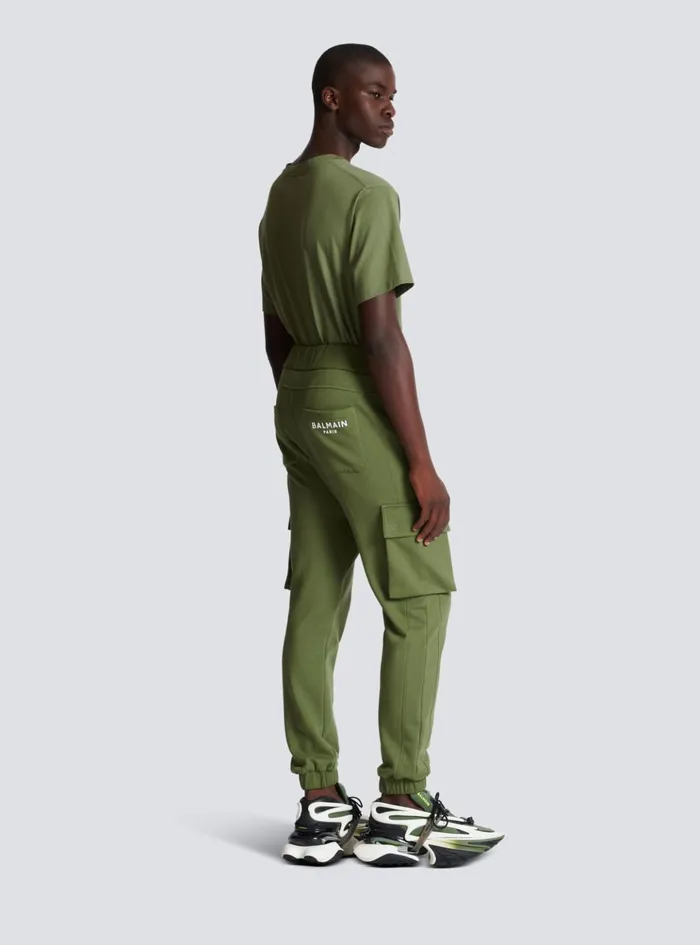 Cargo Joggers With Paris Print Khaki Men Balmain Trousers And Shorts