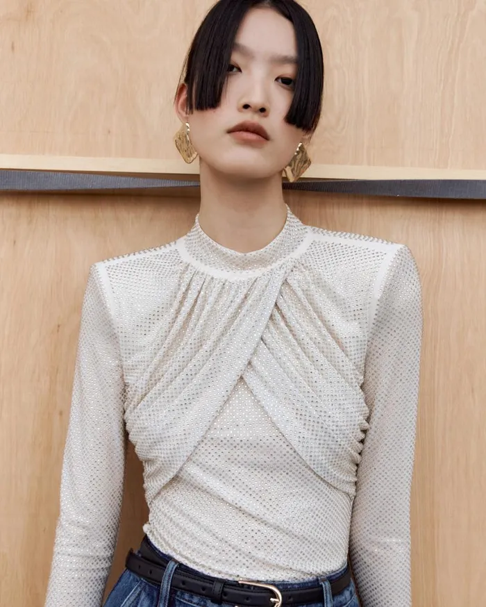Champagne Rhinestone Mesh Top Women Self Portrait Tops Champagne Rhinestone Mesh Top Women Self Portrait Tops