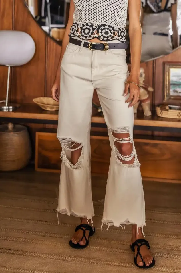 Charlie Distressed Jeans In Ivory Ivory Women Bohme Denim