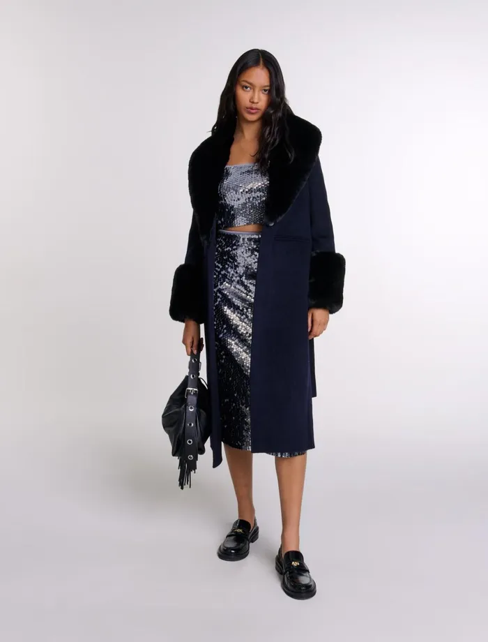 Coats Women Maje DoubleFaced Faux Fur Coat Navy