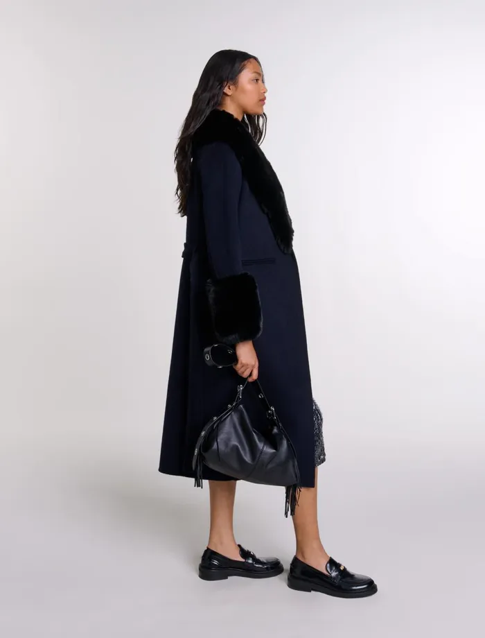 Coats Women Maje DoubleFaced Faux Fur Coat Navy Coats Women Maje DoubleFaced Faux Fur Coat Navy