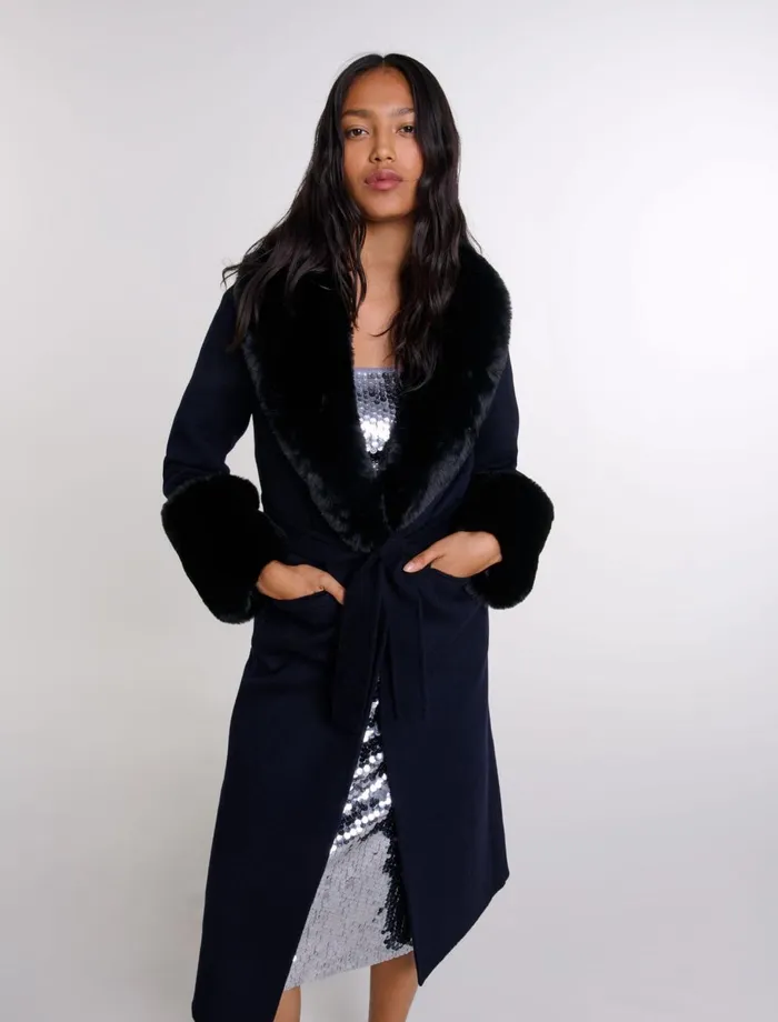 Coats Women Maje DoubleFaced Faux Fur Coat Navy Coats Women Maje DoubleFaced Faux Fur Coat Navy