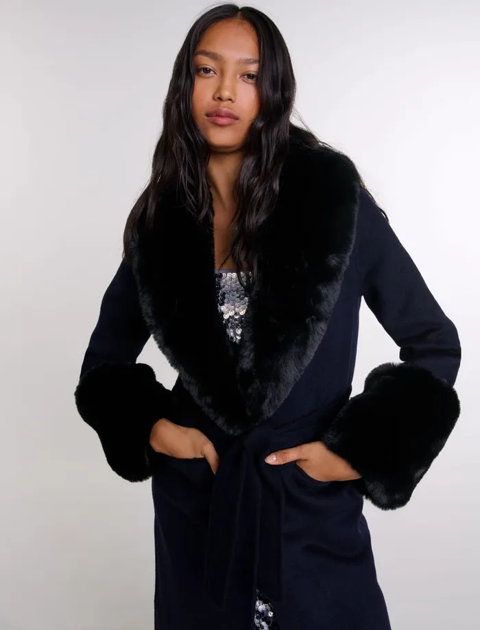 Coats Women Maje DoubleFaced Faux Fur Coat Navy Coats Women Maje DoubleFaced Faux Fur Coat Navy