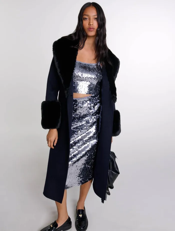 Coats Women Maje DoubleFaced Faux Fur Coat Navy Coats Women Maje DoubleFaced Faux Fur Coat Navy
