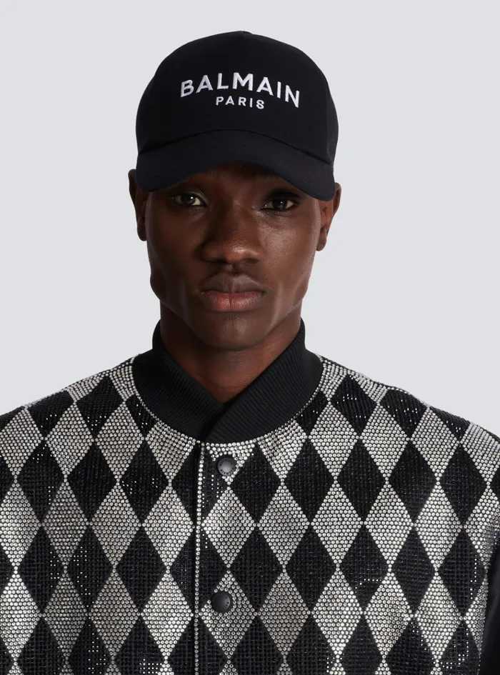 Cotton Cap With Paris Embroidery Black Men Balmain Hats And Caps
