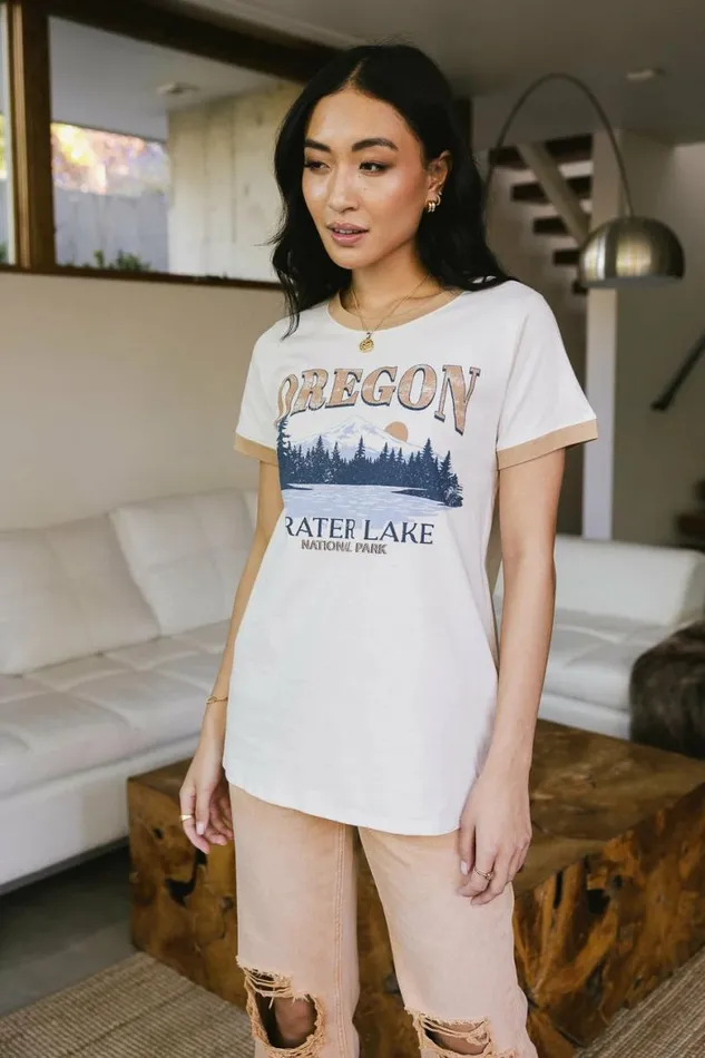 Crater Lake Graphic Tee 8211 FINAL SALE Tan Women Bohme Tees and Tanks
