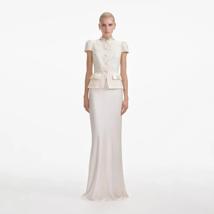 Cream Boucle Bow Detail Maxi Dress Women Self Portrait Bride