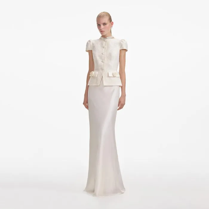 Cream Boucle Bow Detail Maxi Dress Women Self Portrait Bride
