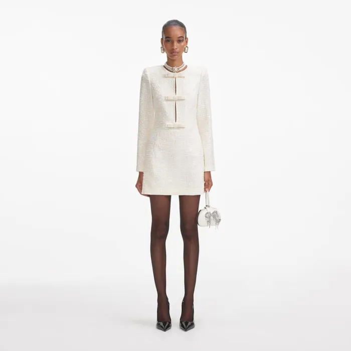 Cream Boucle Diamante Bow Mini Dress Women Self Portrait Dresses