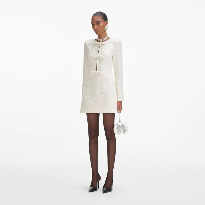 Cream Boucle Diamante Bow Mini Dress Women Self Portrait Dresses