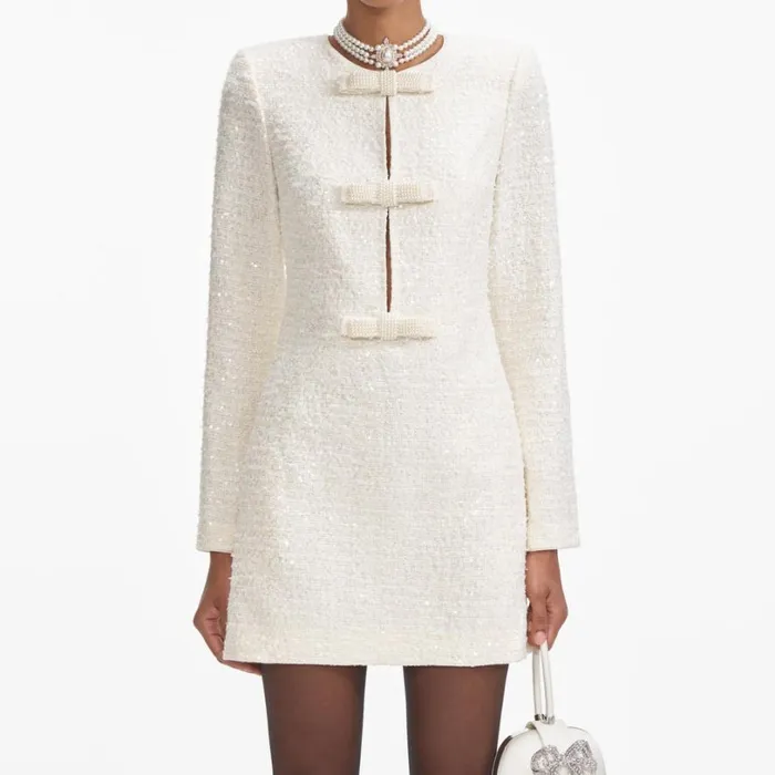 Cream Boucle Diamante Bow Mini Dress Women Self Portrait Dresses