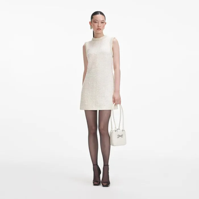 Cream Boucle Pearl Trim Mini Dress Women Self Portrait Dresses