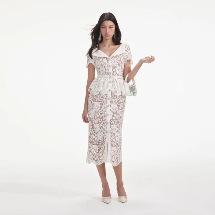 Cream Lace Peplum Midi Dress Women Self Portrait Dresses