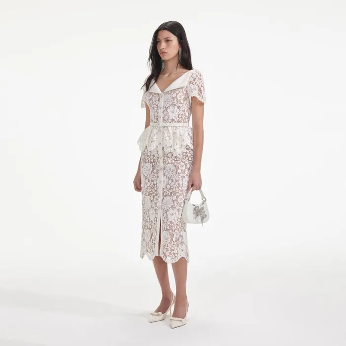 Cream Lace Peplum Midi Dress Women Self Portrait Dresses