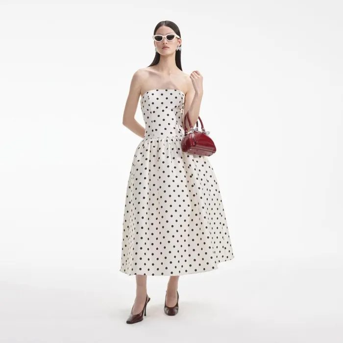 Cream Polka Dot Taffeta Midi Dress Women Self Portrait Dresses