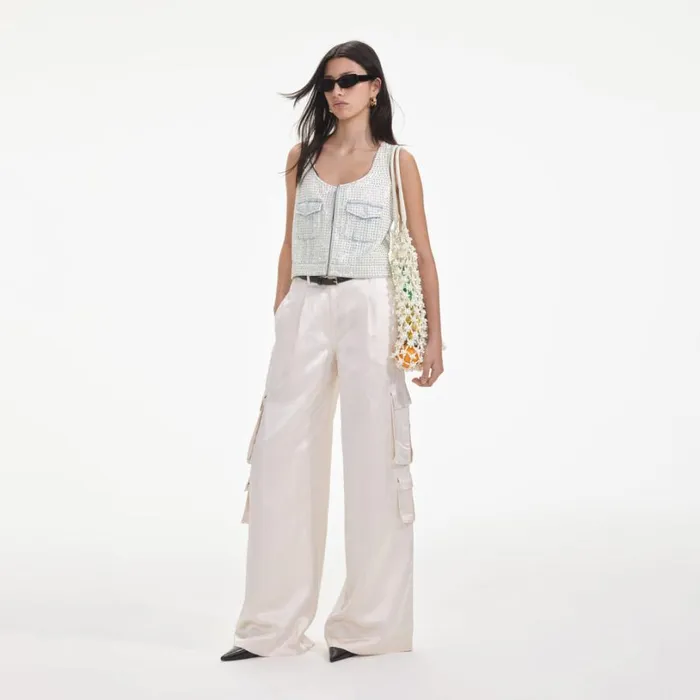 Cream Satin Cargo Trousers Women Self Portrait Bottoms