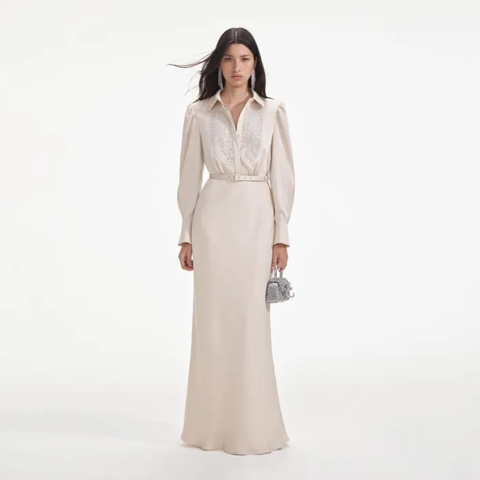 Cream Satin Embellished Bib Maxi Dress Women Self Portrait Dresses