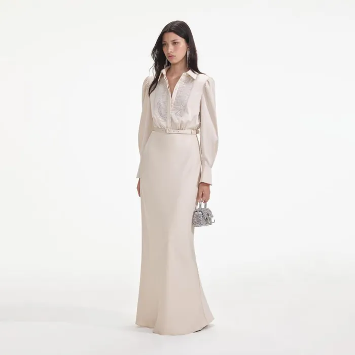 Cream Satin Embellished Bib Maxi Dress Women Self Portrait Dresses