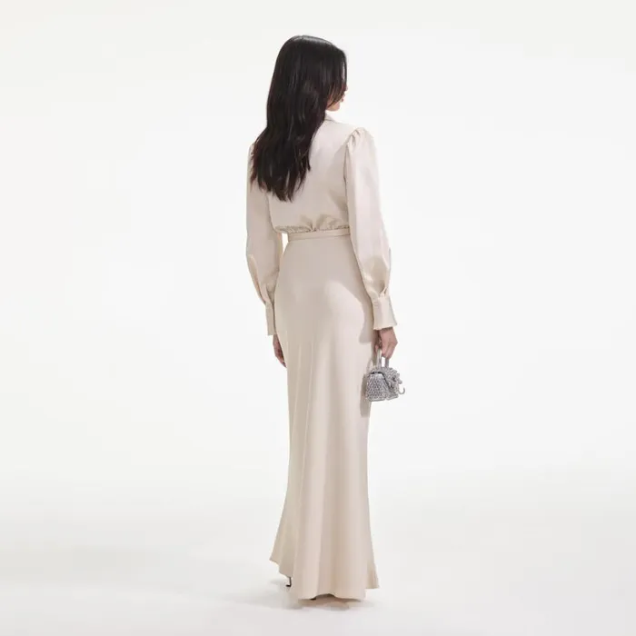 Cream Satin Embellished Bib Maxi Dress Women Self Portrait Dresses