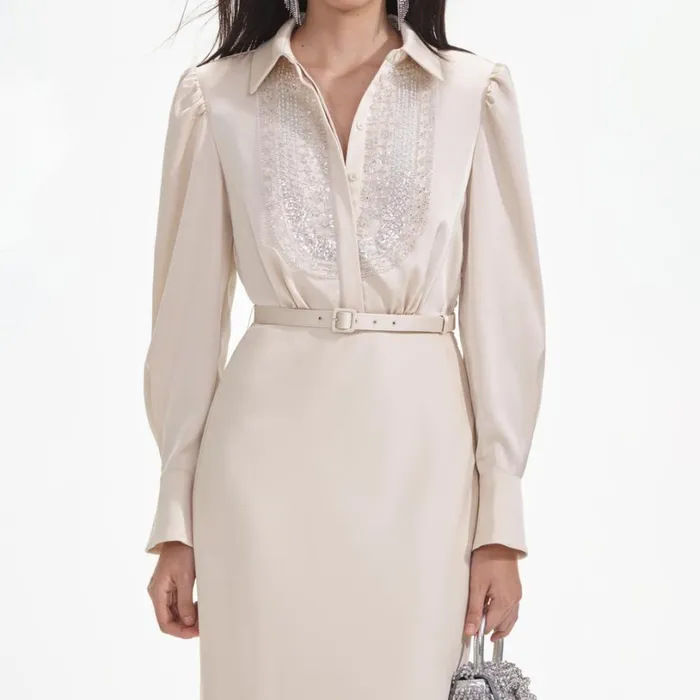 Cream Satin Embellished Bib Maxi Dress Women Self Portrait Dresses