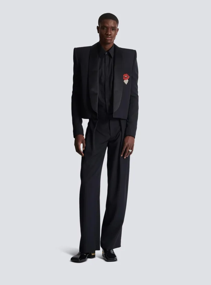 Cropped Grain De Poudre Jacket With Embroidered Patch Black Men Balmain Jackets And Blazers