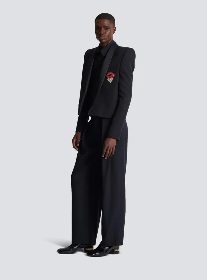 Cropped Grain De Poudre Jacket With Embroidered Patch Black Men Balmain Jackets And Blazers