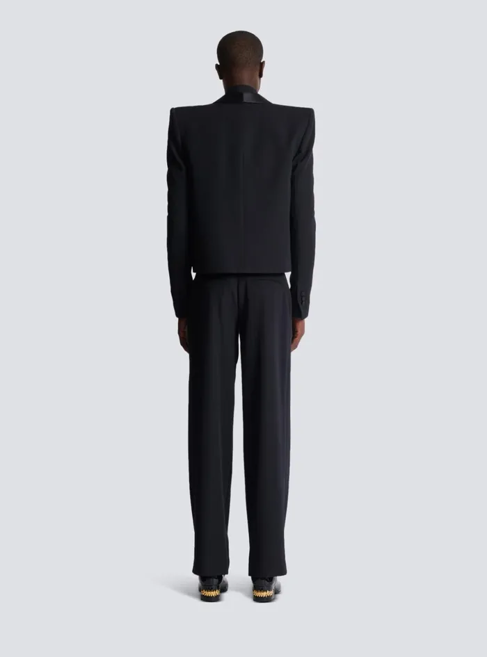 Cropped Grain De Poudre Jacket With Embroidered Patch Black Men Balmain Jackets And Blazers