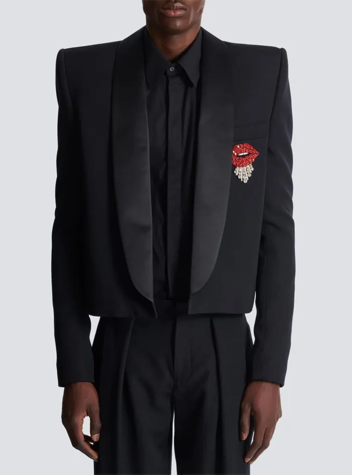 Cropped Grain De Poudre Jacket With Embroidered Patch Black Men Balmain Jackets And Blazers