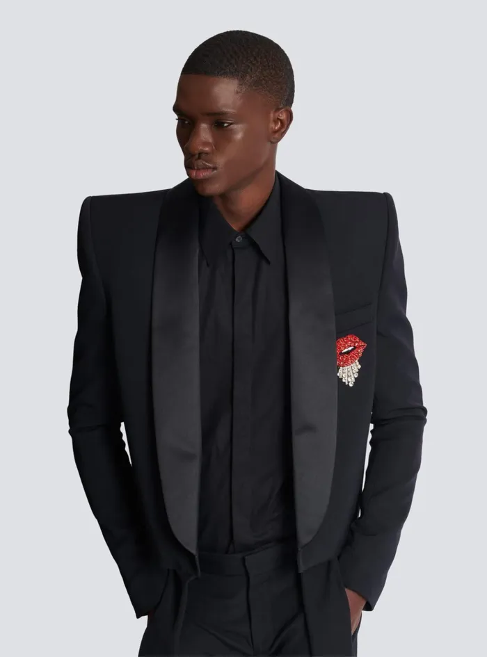 Cropped Grain De Poudre Jacket With Embroidered Patch Black Men Balmain Jackets And Blazers
