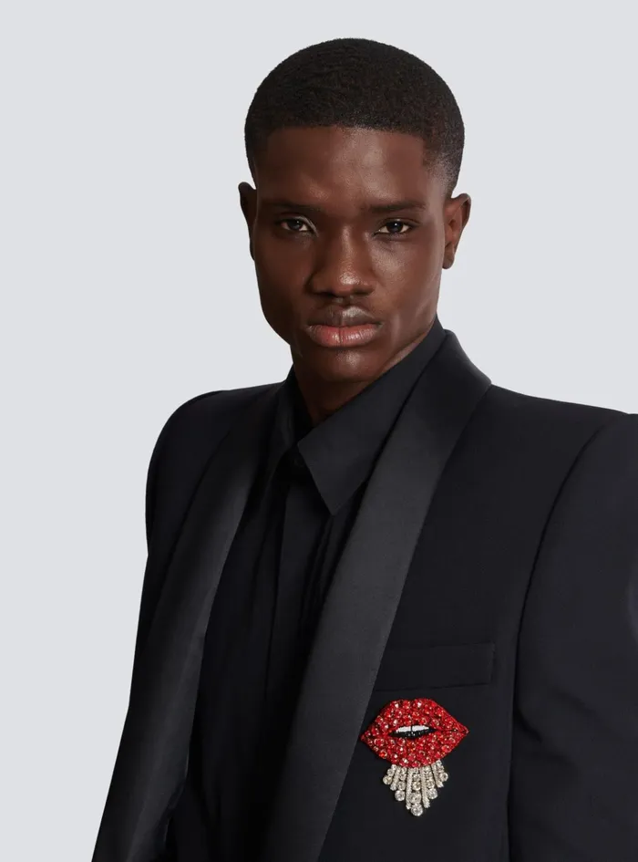Cropped Grain De Poudre Jacket With Embroidered Patch Black Men Balmain Jackets And Blazers