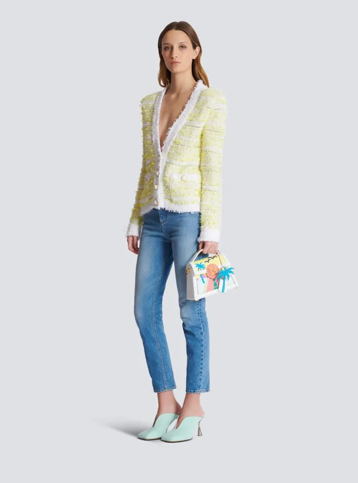 Cropped Knit Cardigan Yellow Women Balmain Knitwear
