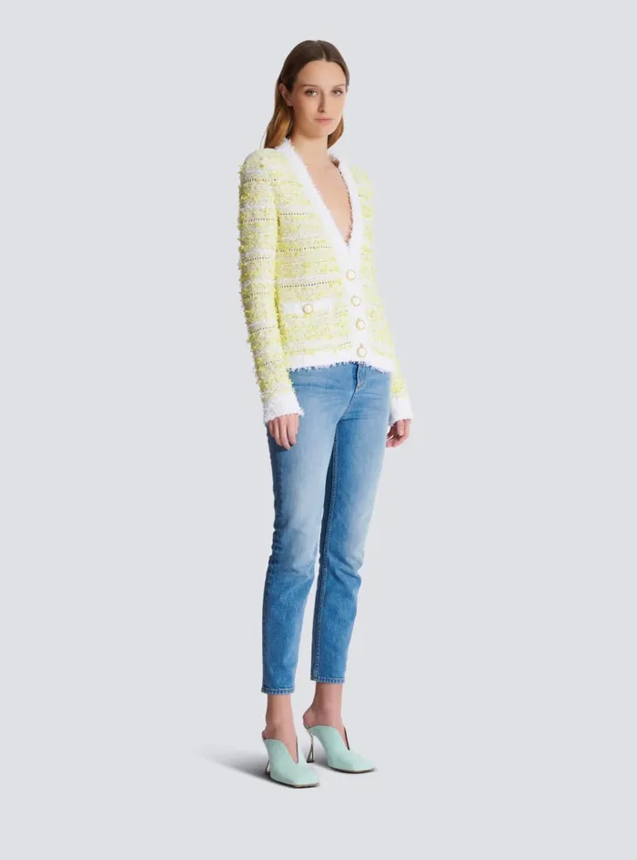 Cropped Knit Cardigan Yellow Women Balmain Knitwear