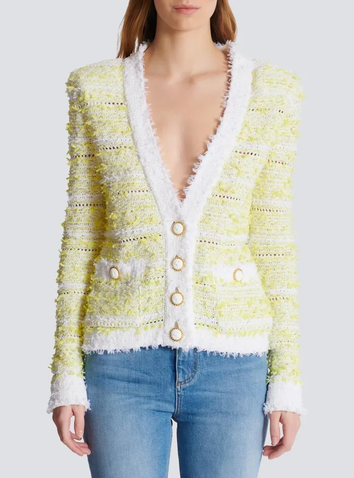 Cropped Knit Cardigan Yellow Women Balmain Knitwear